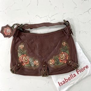 ISABELLA FIORE Brown Leather Purse Buckles & Charms Roses Tattoo style Designer